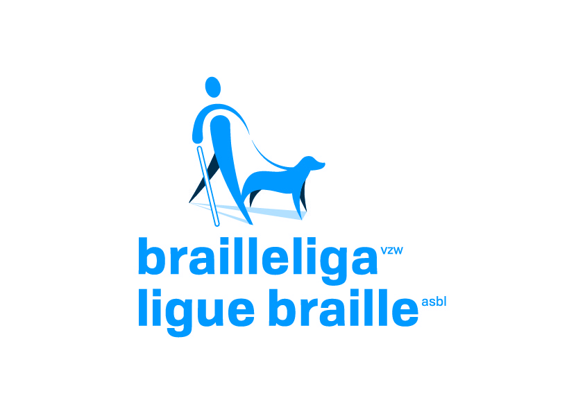 Het logo van de Brailleliga met een persoon met een blindengeleidehond en witte stok