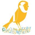logo met gele vogel in een nest van letters