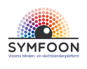 Het logo bestaat uit de woorden Symfoon, Vlaams blinden- en slechtziendenplatform. Boven de woorden staat een regenboog die bestaat uit kleurrijke bolletjes, met in het midden een pupil van een oog.