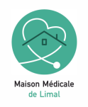 Logo de la Maison Médicale de Limal. C'est un dessin en quelques lignes stylisées. On y voit, dans une pastille de couleur turquoise, la représentation d'un toit de maison vert foncé, entouré par un stéthoscope blanc qui forme un coeur.